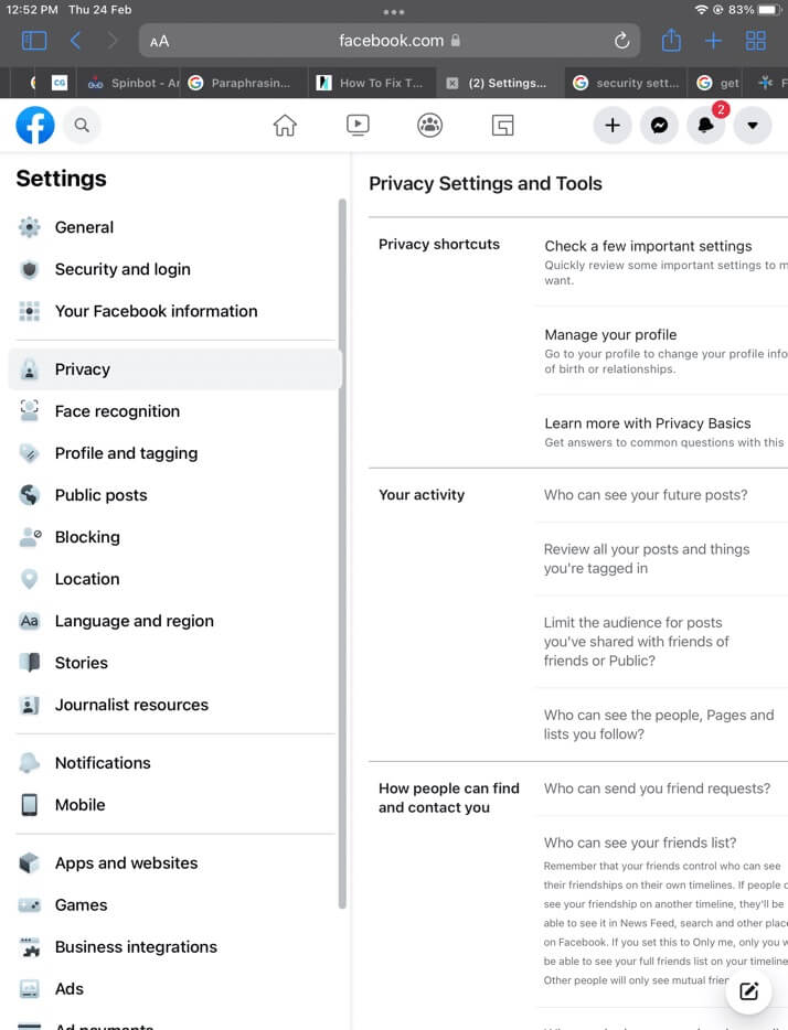 open-privacy-settings-and-tools-facebook-1 إصلاح خطأ عدم توفر مرفق Facebook