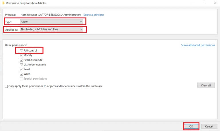 permission-entries-window-for-the-selected-user-1-1-768x458-1 كيفية تغيير أذونات الملفات في نظام التشغيل Windows 10