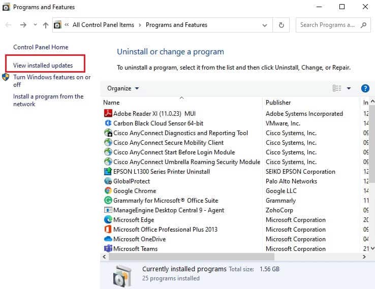 programs-and-features-window- إصلاح خطأ 0x8007000d في تحديث Windows