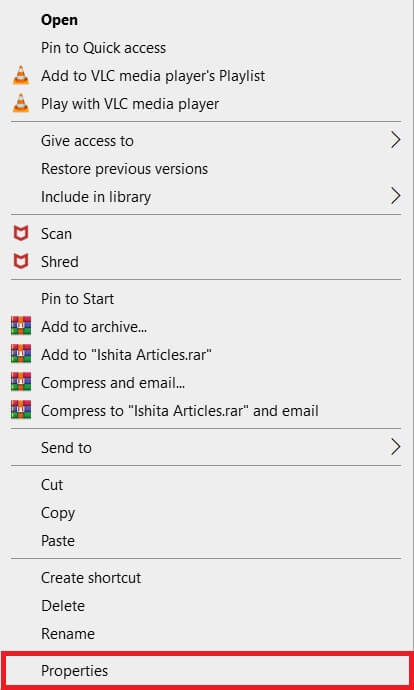 properties-option-after-right-click- كيفية تغيير أذونات الملفات في نظام التشغيل Windows 10