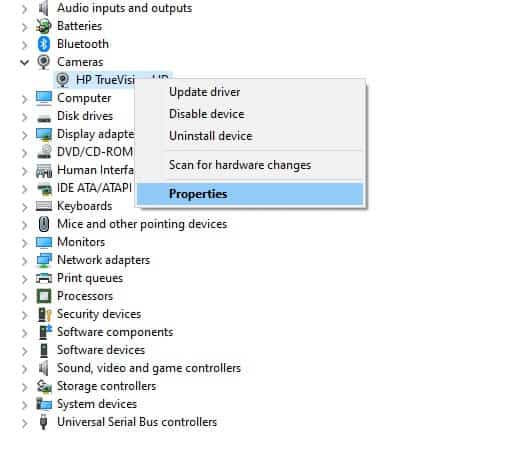 properties-option-of-the-cameras-driver- إصلاح الخطأ 0xC00D36D5 لا توجد كاميرات مرفقة في Windows 10
