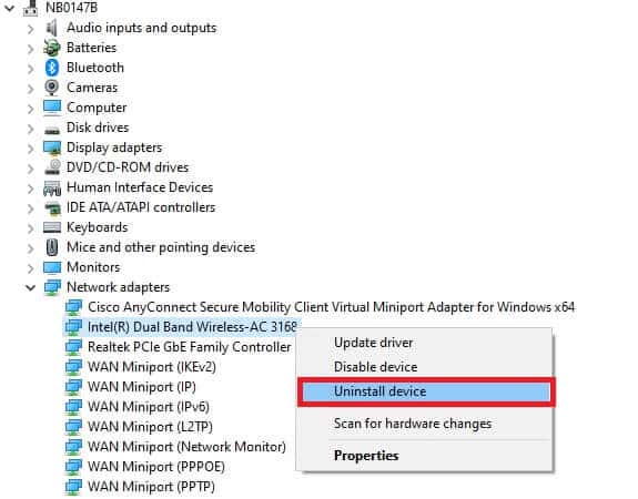 right-click-on-the-driver-and-select-uninstall-dev-2 إصلاح خطأ تغيير شبكة Microsoft Edge في Windows 10