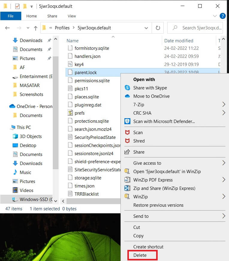 scroll-down-and-right-click-on-the-parent-lock-fil إصلاح Firefox قيد التشغيل بالفعل