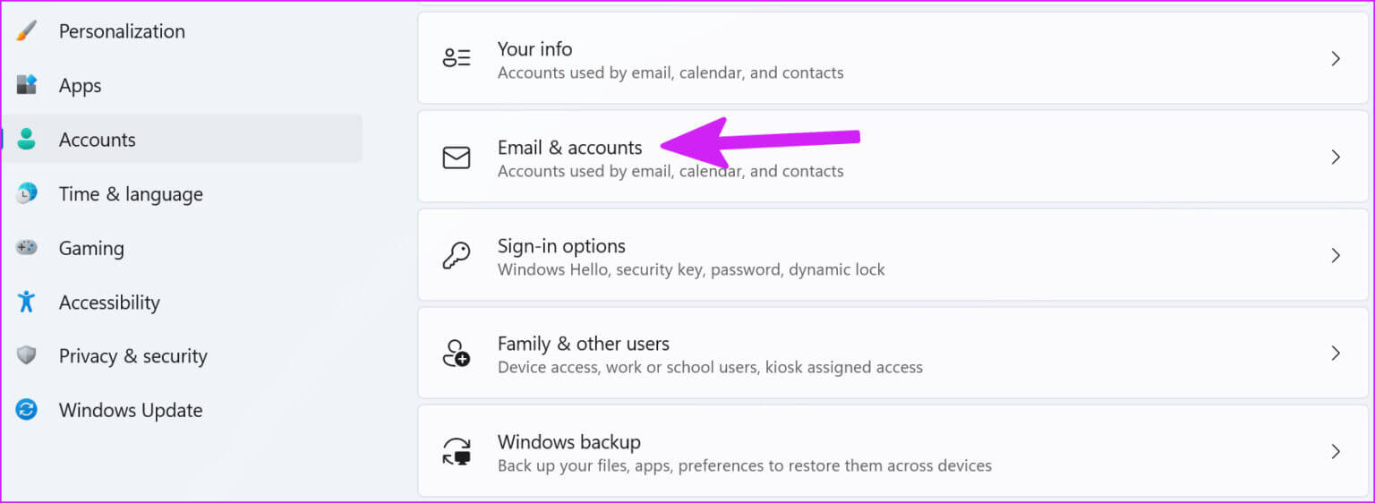 select-email-and-accounts-Resolve-We-Need-to-Fix-Your-Account-Message-on-Windows-1536x562-1 أفضل 7 طرق لإصلاح رسالة الخطأ "نحتاج إلى إصلاح حسابك" على Windows 11