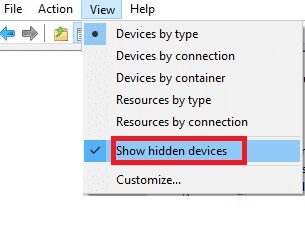 select-show-hidden-devices إصلاح عدم عمل سطوع Windows 10