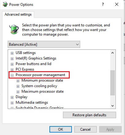 select-the-processor-power-management-under-advanc إصلاح الاختناق الحراري للكمبيوتر المحمول