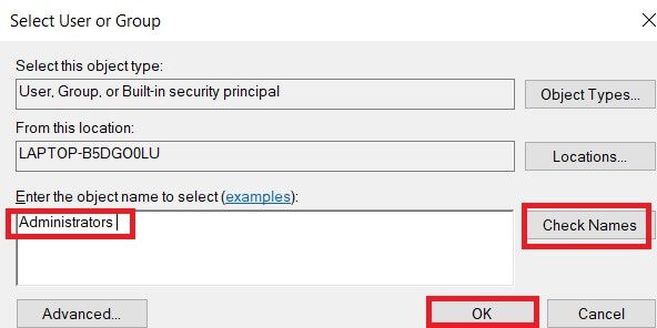 select-user-or-group-prompt-window- كيفية تغيير أذونات الملفات في نظام التشغيل Windows 10