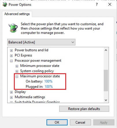 set-maximum-processor-state-as-100-percentage إصلاح الاختناق الحراري للكمبيوتر المحمول