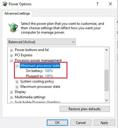 set-minimum-processor-rate-to-100-percentage إصلاح الاختناق الحراري للكمبيوتر المحمول