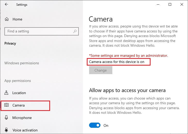 settings-window-with-camera-option-selected- إصلاح الخطأ 0xC00D36D5 لا توجد كاميرات مرفقة في Windows 10