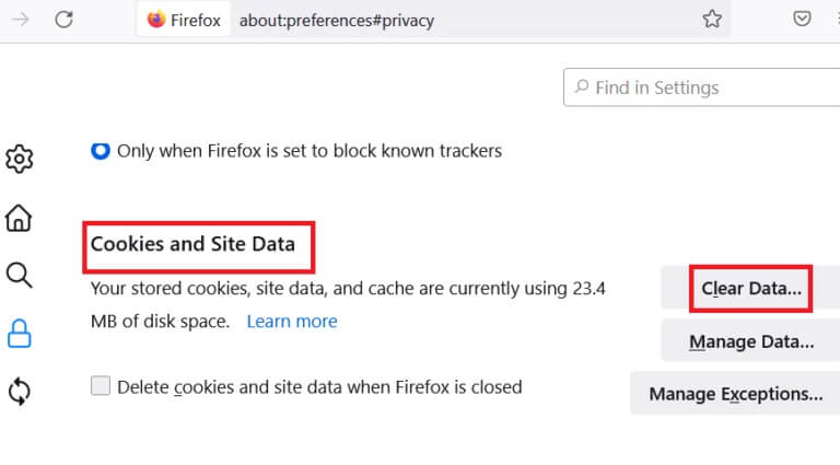 tap-on-clear-data-in-cookies-and-site-data-768x425-1 إصلاح Firefox قيد التشغيل بالفعل