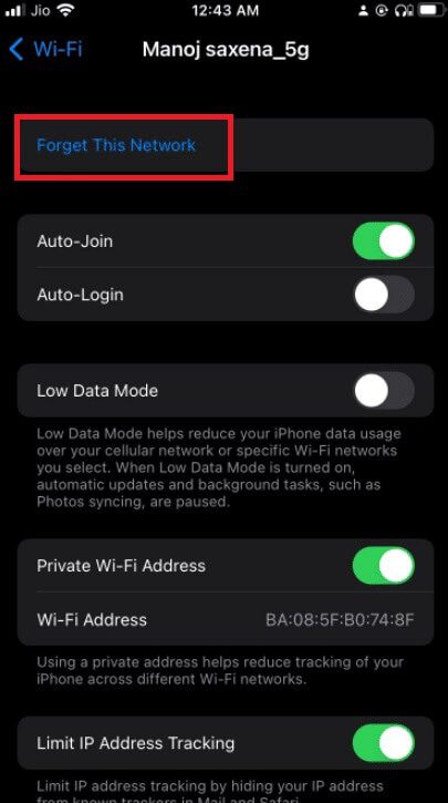 tap-on-forget-this-network إصلاح خطأ فشل التحقق عند الاتصال بخادم معرف Apple