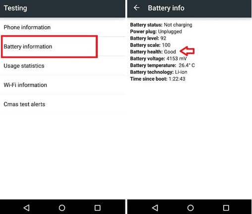 testing-menu-and-battery-info كيفية التحقق من صحة البطارية على Android