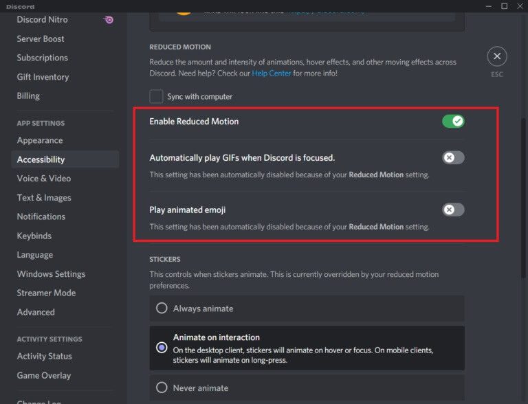 toggle-on-the-option-enable-reduced-motion-768x588-1 كيفية إصلاح مشكلة تأخر مشاركة شاشة Discord
