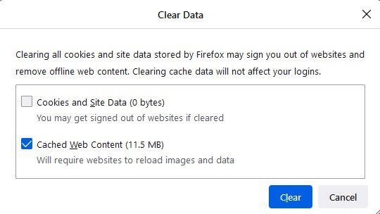uncheck-cookies-and-site-data-box-and-make-sure-yo إصلاح Firefox قيد التشغيل بالفعل