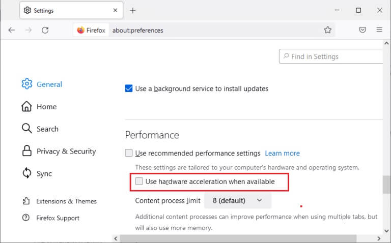 uncheck-the-use-recommended-performance-settings-a-768x478-1 إصلاح Firefox قيد التشغيل بالفعل