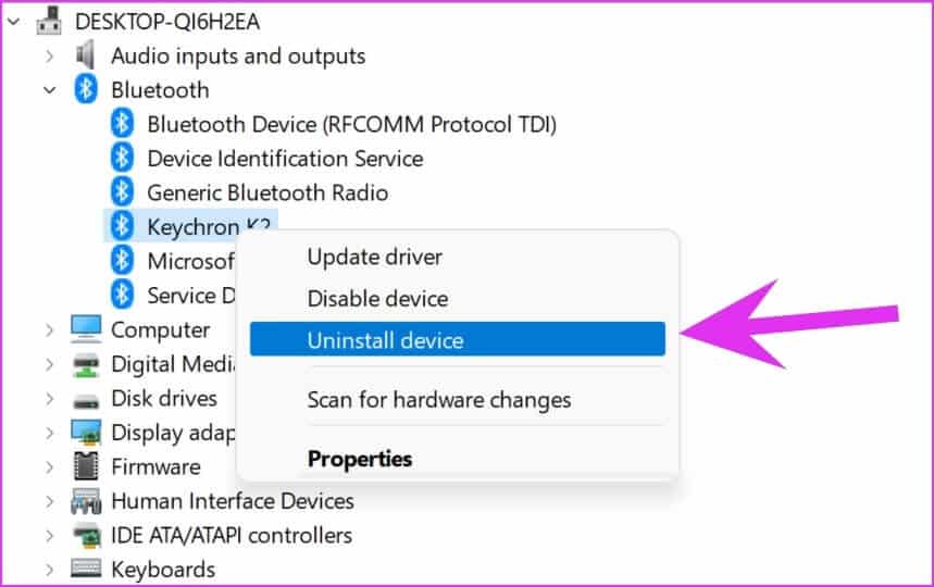 uninstall-bluetooth-device-Fix-Bluetooth-Mouse-Not-Working-in-Windows-11 أفضل 9 طرق لإصلاح عدم عمل فأرة Bluetooth مع Windows 11