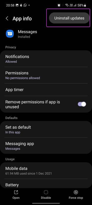 uninstall-messages-updates أفضل 10 طرق لإصلاح عدم عمل تطبيق رسائل Android