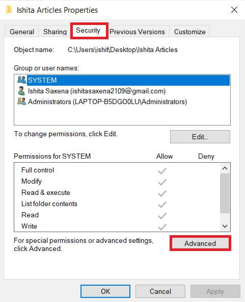 user-permissions-folder-advanced-option-highlight كيفية تغيير أذونات الملفات في نظام التشغيل Windows 10