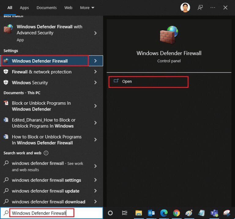 windows-defender-firewall-search-768x713-1 إصلاح الخطأ 0xC00D36D5 لا توجد كاميرات مرفقة في Windows 10