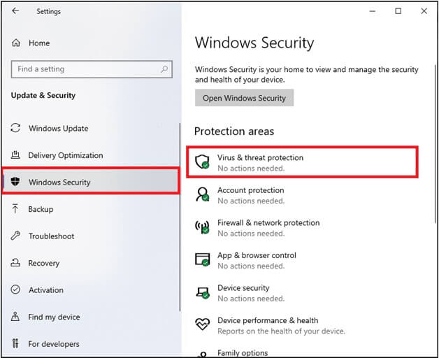 windows-security-option-in-the-left-pane-virus-an-2 إصلاح خطأ 0x8007000d في تحديث Windows