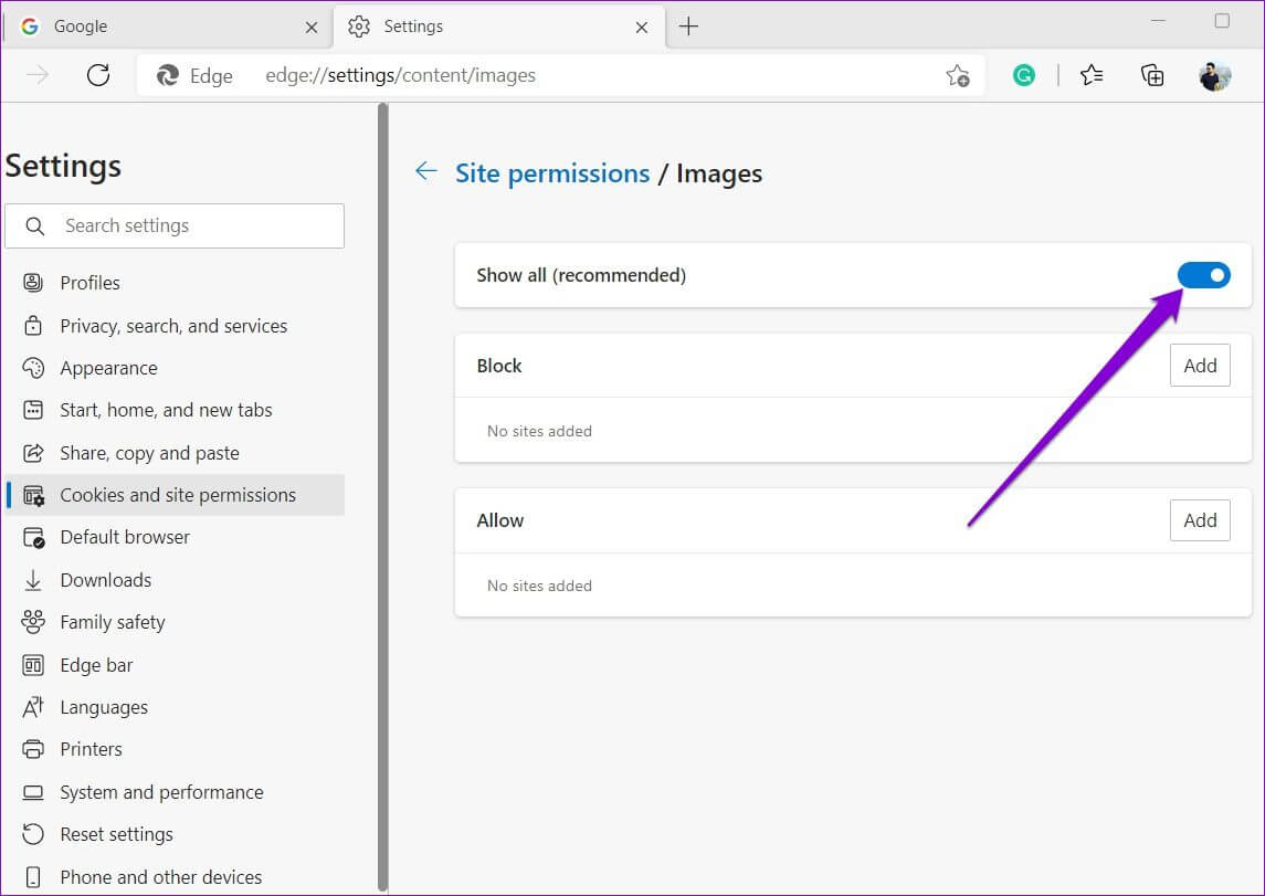 Allow-Sites-to-Display-Images-in-Edge أهم 6 طرق لإصلاح عدم تحميل الصور في Microsoft Edge
