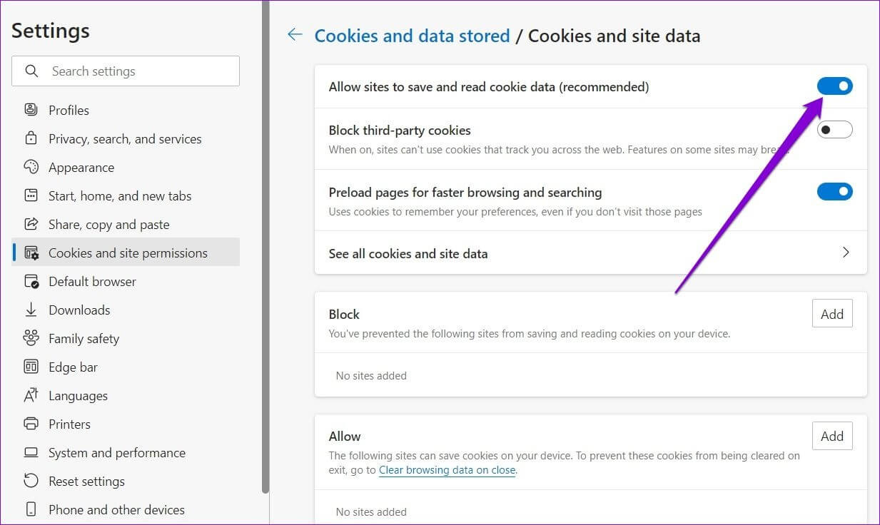 Allow-Sites-to-Save-Cookies-on-Edge أفضل 6 طرق لإصلاح استمرار Edge في تسجيل خروجي من مواقع الويب