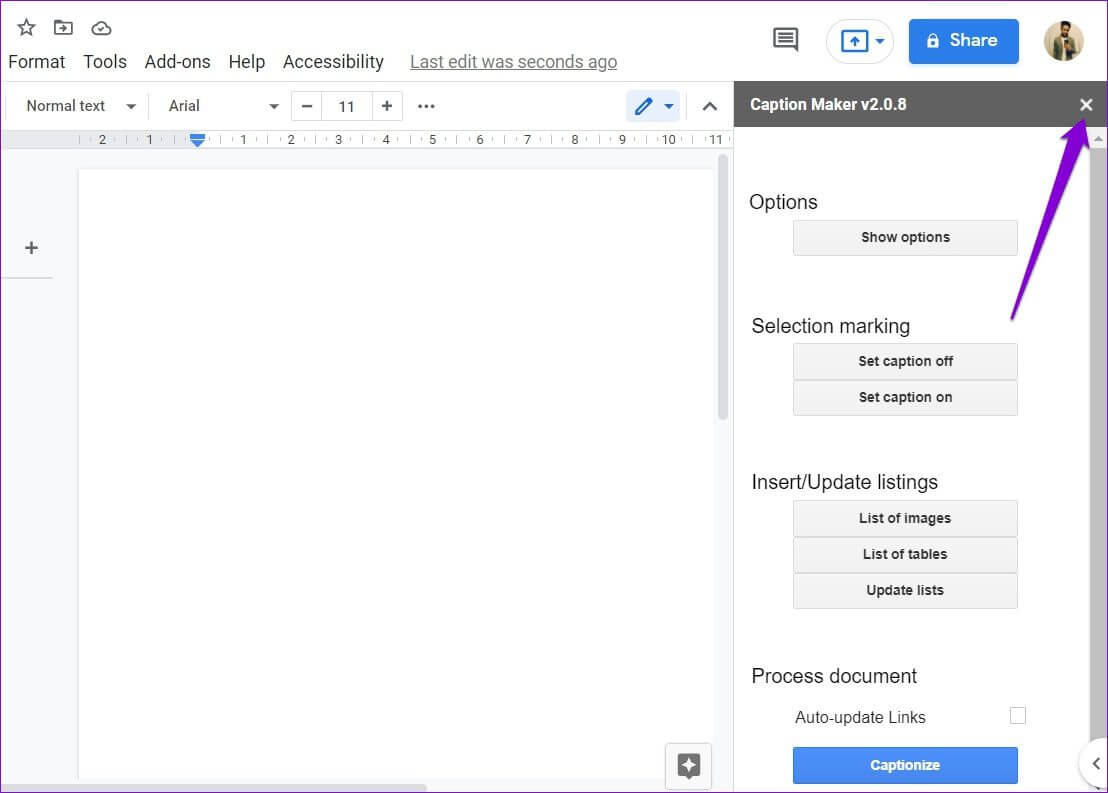Close-Add-On-in-Google-Docs كيفية تثبيت الوظائف الإضافية واستخدامها في محرر مستندات Google