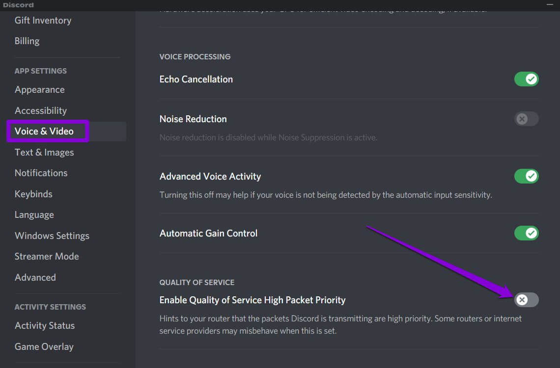 Disable-Quality-of-Service-High-Packet-Priority-on-Discord أفضل 7 طرق لإصلاح خطأ No Route في Discord على Windows 10 و Windows 11