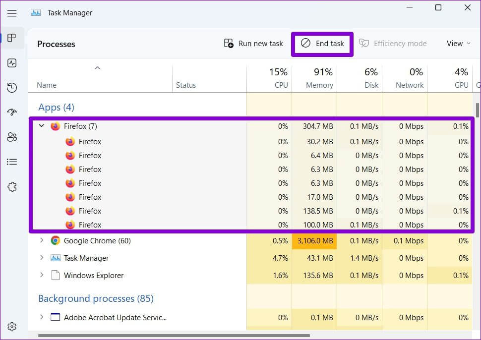 End-Firefox-Processes أفضل 5 طرق لإصلاح عدم فتح Firefox على Windows 10 و Windows 11