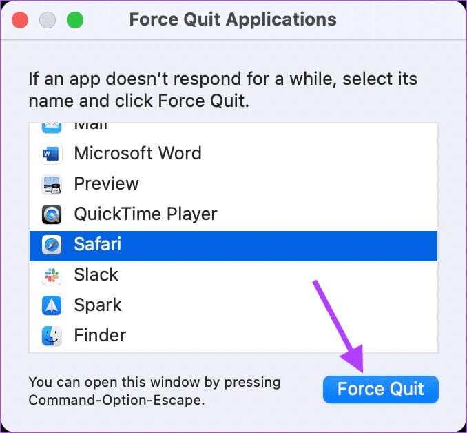 Force-Quit-and-Restart-Safari-2 أفضل 6 طرق لإصلاح استمرار تعطل Safari في Mac