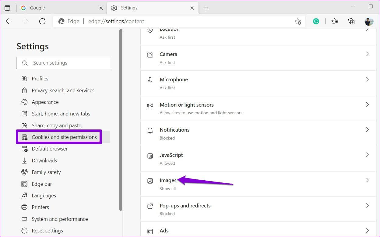 Images-Permissions-in-Edge أهم 6 طرق لإصلاح عدم تحميل الصور في Microsoft Edge