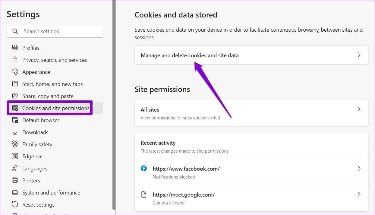 Manage-and-Delete-Cookies-and-Site-Data أفضل 6 طرق لإصلاح استمرار Edge في تسجيل خروجي من مواقع الويب