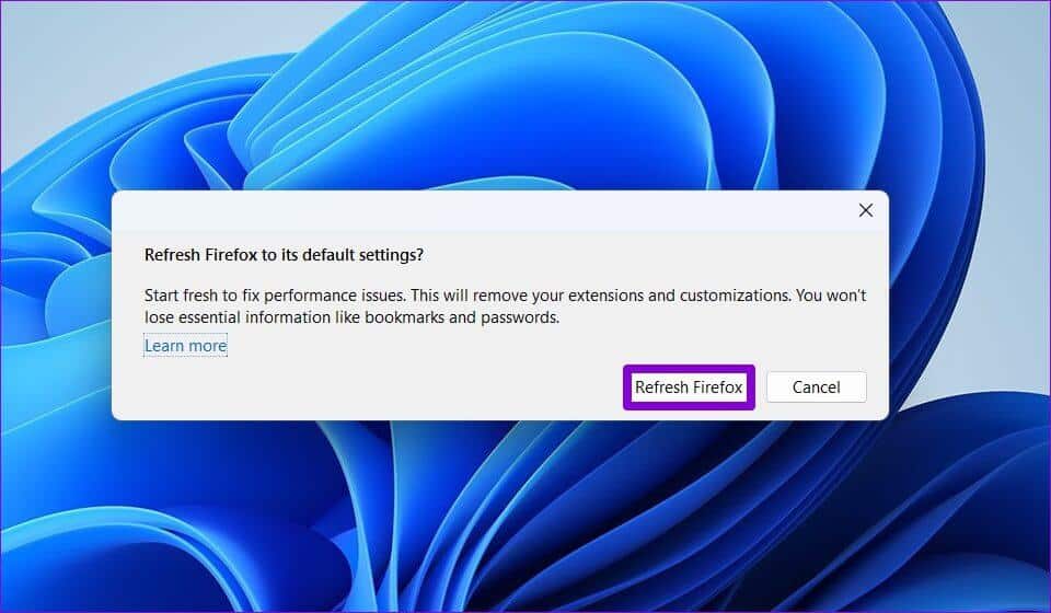 Refresh-Firefox-Confirmation-Box أفضل 5 طرق لإصلاح عدم فتح Firefox على Windows 10 و Windows 11
