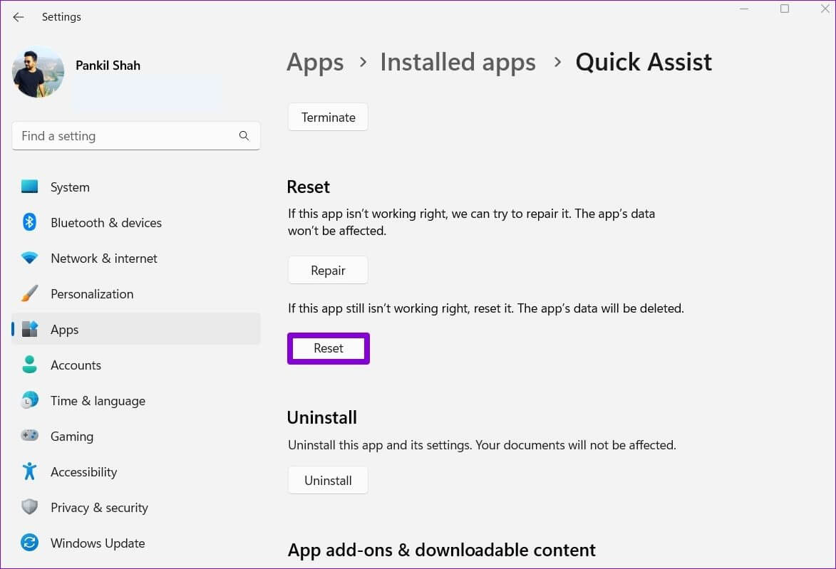 Reset-Quick-Assist-App-1 أفضل 6 طرق لإصلاح عدم عمل المساعدة السريعة على Windows 11