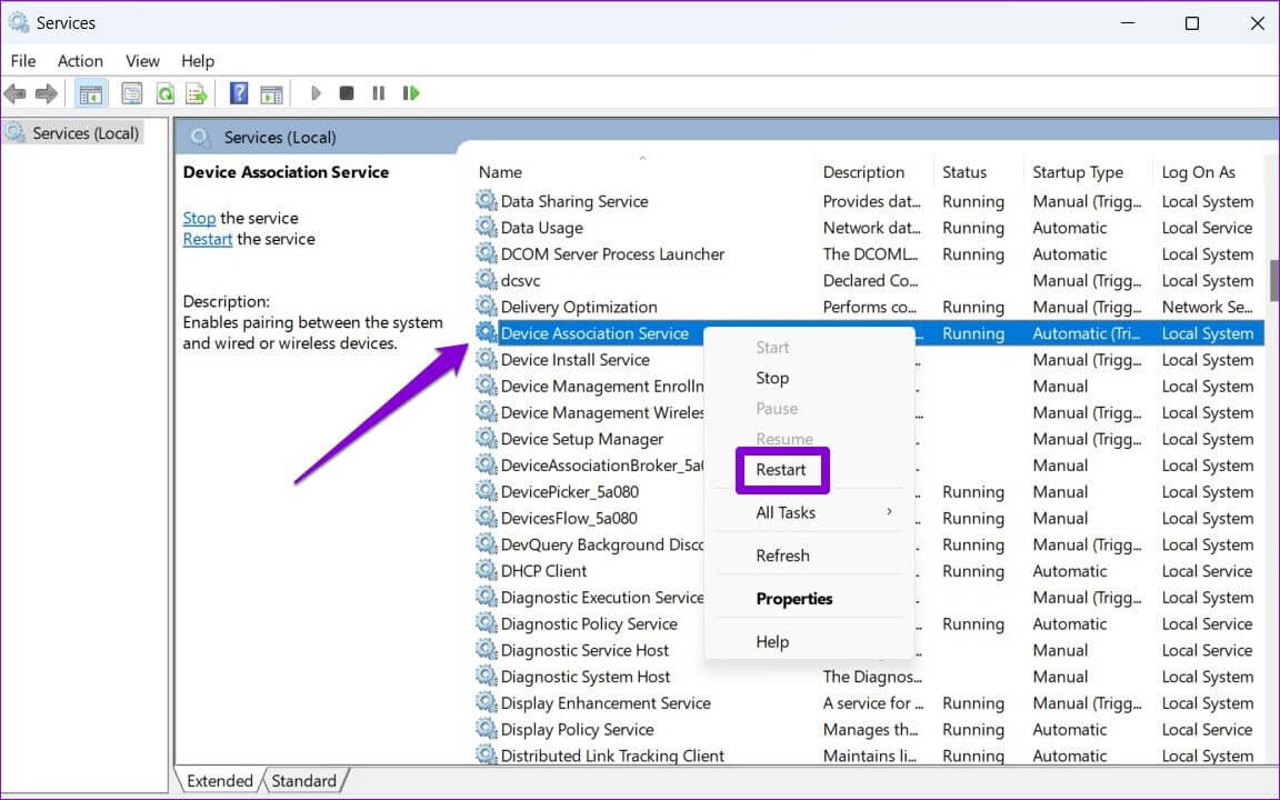 Restart-Device-Association-Service-1152x720 أفضل 6 طرق لإصلاح تعذر إزالة جهاز Bluetooth على Windows 11