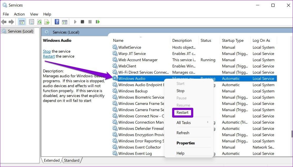 Restart-Windows-Audio-Service-1113x635 كيفية إصلاح مشكلات تشويه الصوت أثناء البث على Windows 11