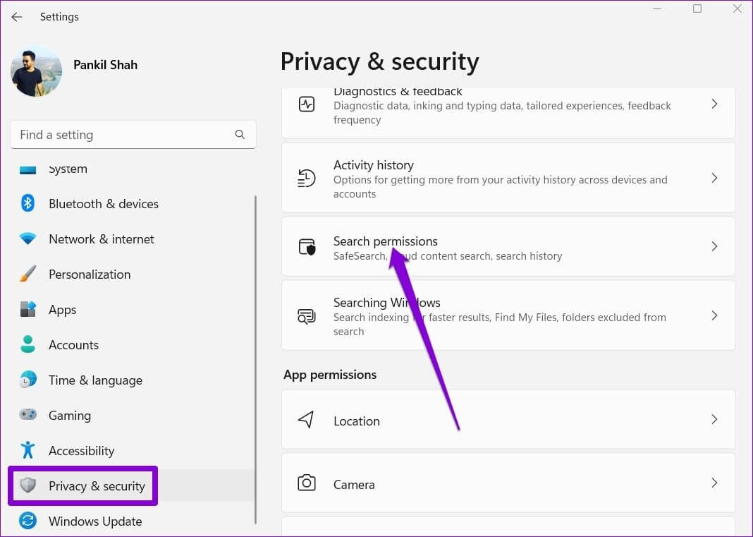 Search-Permissions-on-Windows كيفية مسح سجل نشاط المستخدم على Windows 11