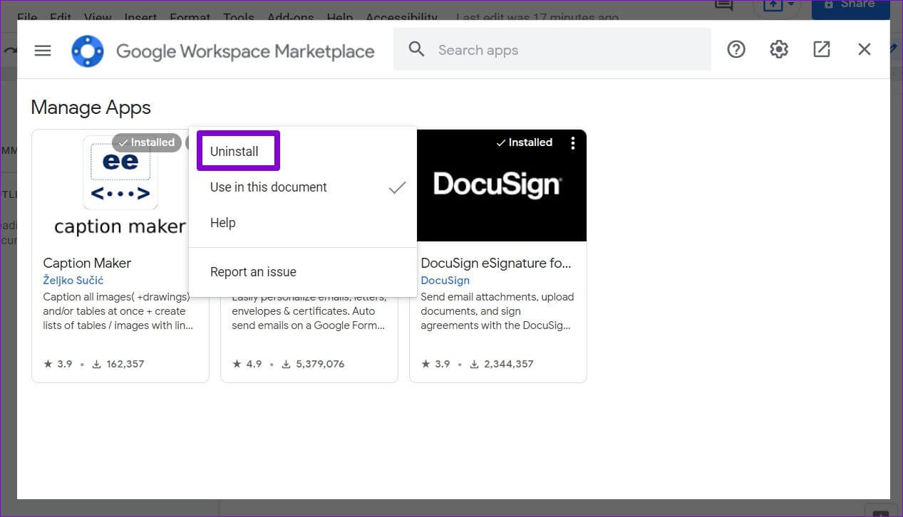 Uninstall-Add-On-from-Google-Docs كيفية تثبيت الوظائف الإضافية واستخدامها في محرر مستندات Google