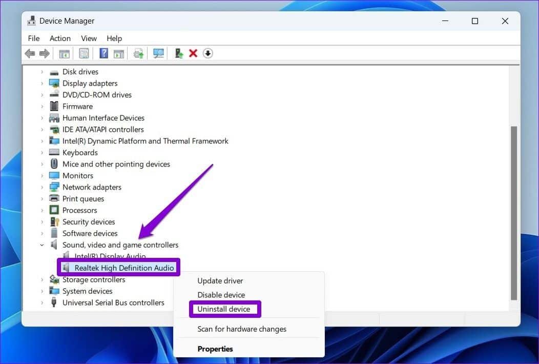 Uninstall-Sound-Drivers-on-Windows-1052x710 كيفية إصلاح مشكلات تشويه الصوت أثناء البث على Windows 11