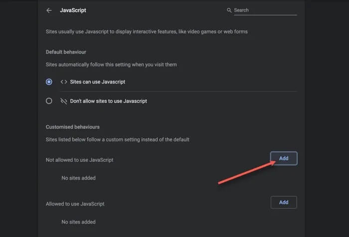 add-website-to-disable-java-script كيفية النسخ واللصق في المواقع التي لا تسمح لك بذلك