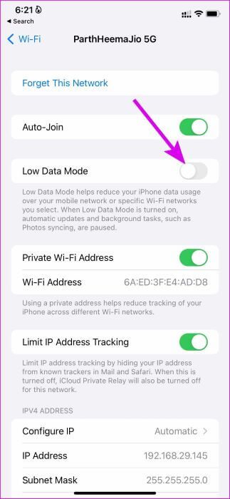 disable-low-data-mode-on-Wi-Fi-3 أفضل 9 طرق لإصلاح عدم عمل الأدوات widgets أو لا يتم تحديثها على iPhone