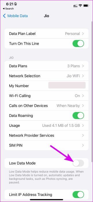disable-low-data-mode-on-mobile أفضل 9 طرق لإصلاح عدم عمل الأدوات widgets أو لا يتم تحديثها على iPhone