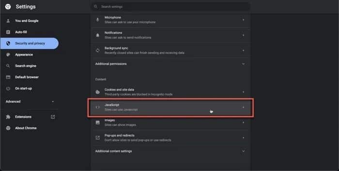 open-java-script-settings-chrome كيفية النسخ واللصق في المواقع التي لا تسمح لك بذلك
