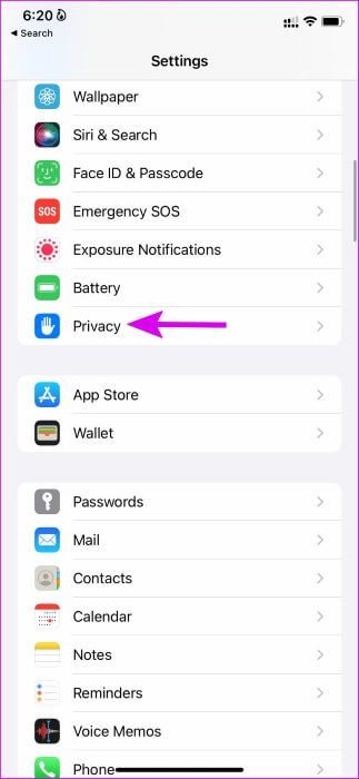open-privacy-menu-fix-widgets-not-updating-on-iPhone أفضل 9 طرق لإصلاح عدم عمل الأدوات widgets أو لا يتم تحديثها على iPhone