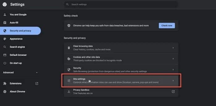 open-site-settings-menu-chrome كيفية النسخ واللصق في المواقع التي لا تسمح لك بذلك