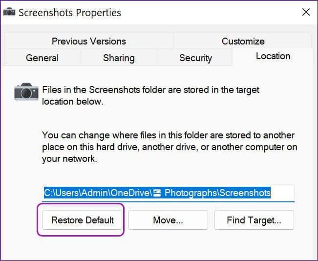 restore-default-for-screenshot-1-651x534 طرق تغيير مكان حفظ لقطة الشاشة في Windows 11