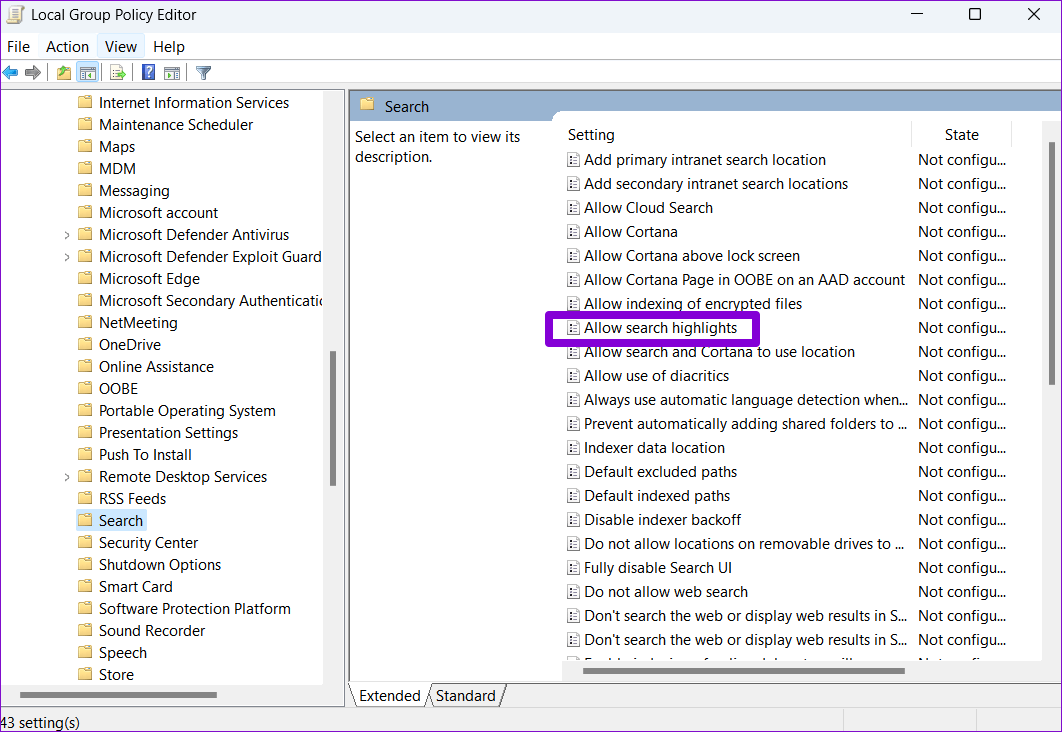 Allow-Search-Highlights-in-Group-Policy أفضل 3 طرق لتعطيل أو تمكين ميزات البحث في Windows 10 و Windows 11