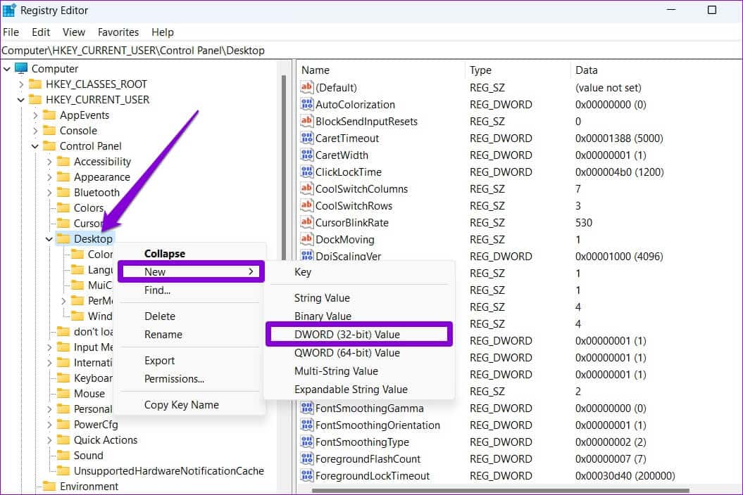Create-New-DWORD-1-1055x704 أفضل 4 طرق لتعطيل شاشة تسجيل الدخول بعد السكون على Windows 11