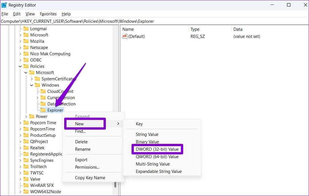 Create-New-DWORD-2-1083x688 أفضل 6 طرق لإصلاح البحث البطيء على Windows 11